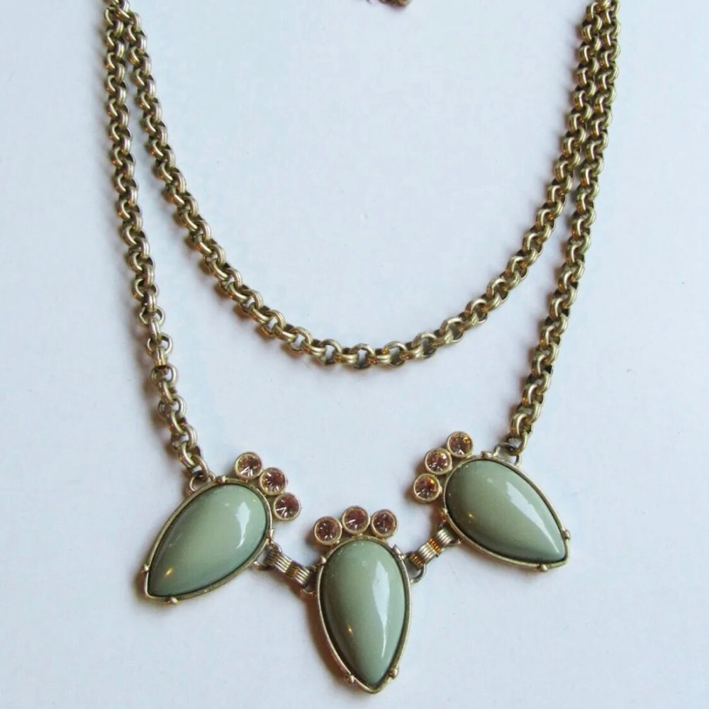 New Lia Sophia Necklace antiqued gold chain w/ green cabochons & cut crystals